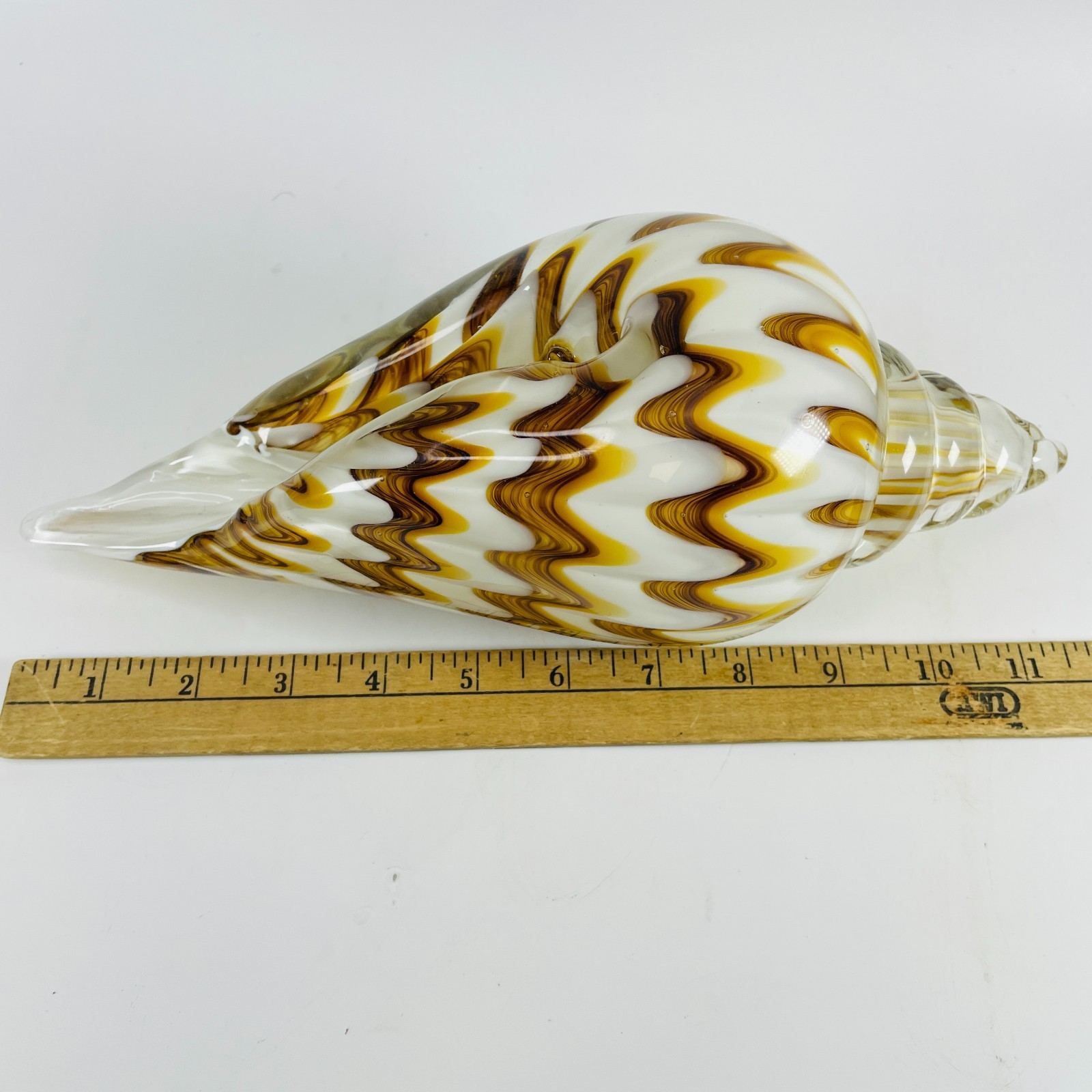 Vintage 11.5″ Cased Art Glass Shell Figurine Brown Yellow Conch Sculpture