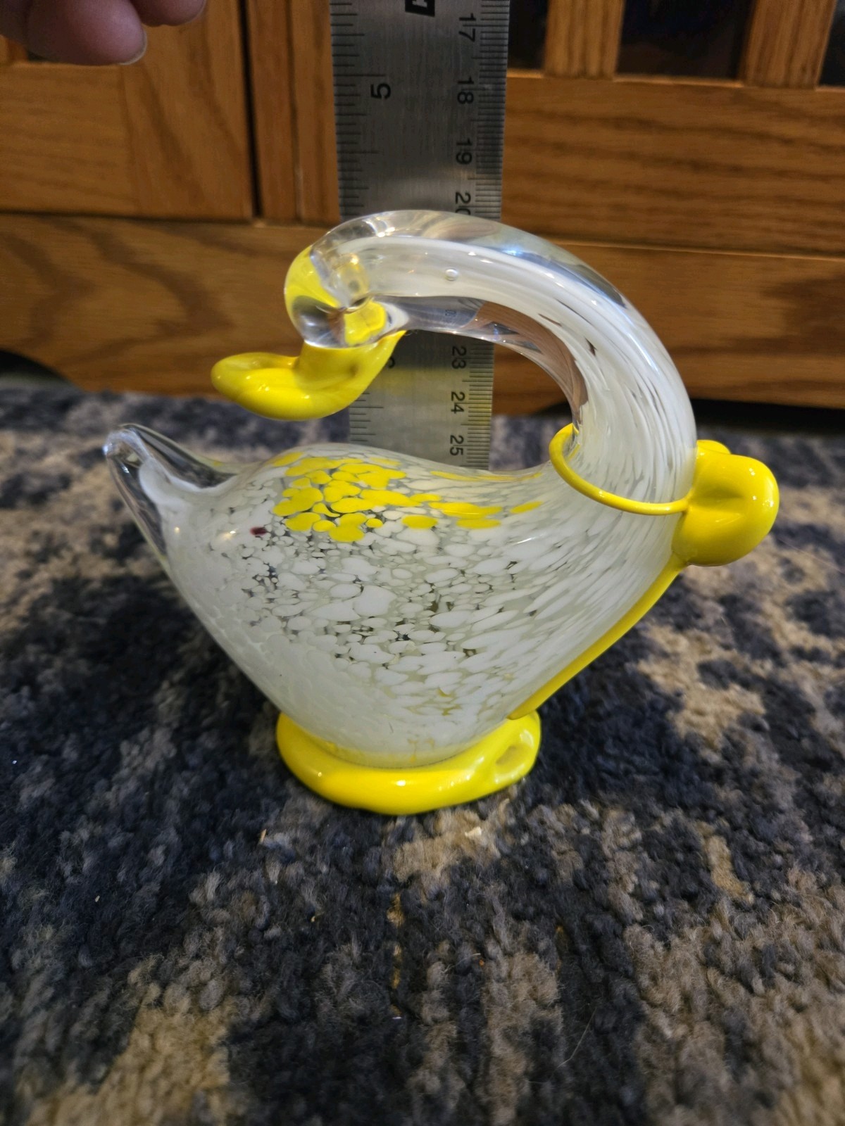Paper Weight Murano Style Blown Art Glass Duck Bird Goose Yellow White Spotted