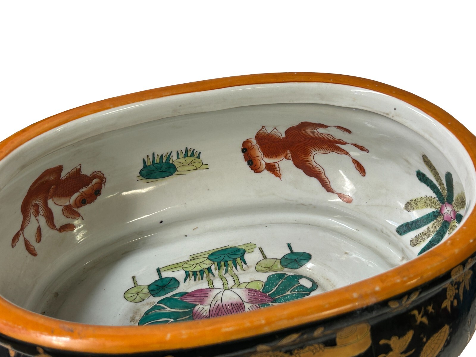 Vintage Chinese Black Copper Scenery Graphic Ceramic Oval Bowl Pot ws4282