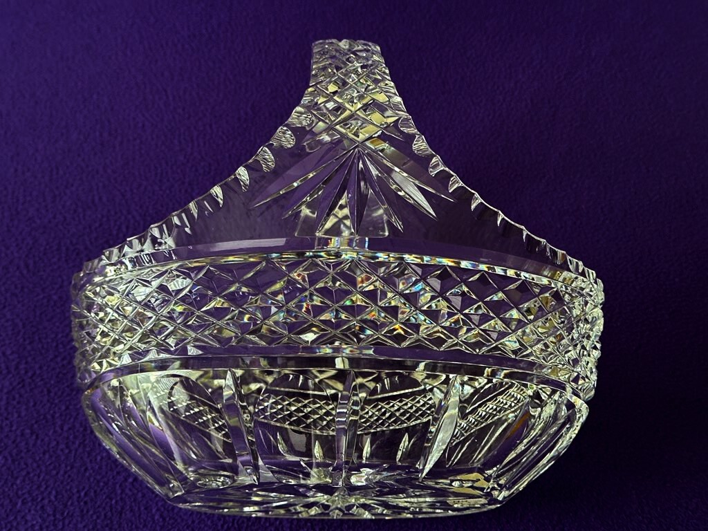 Antique Cut Glass Crystal 9″ h, 9″ l , 6″ w Basket American Brilliant Period