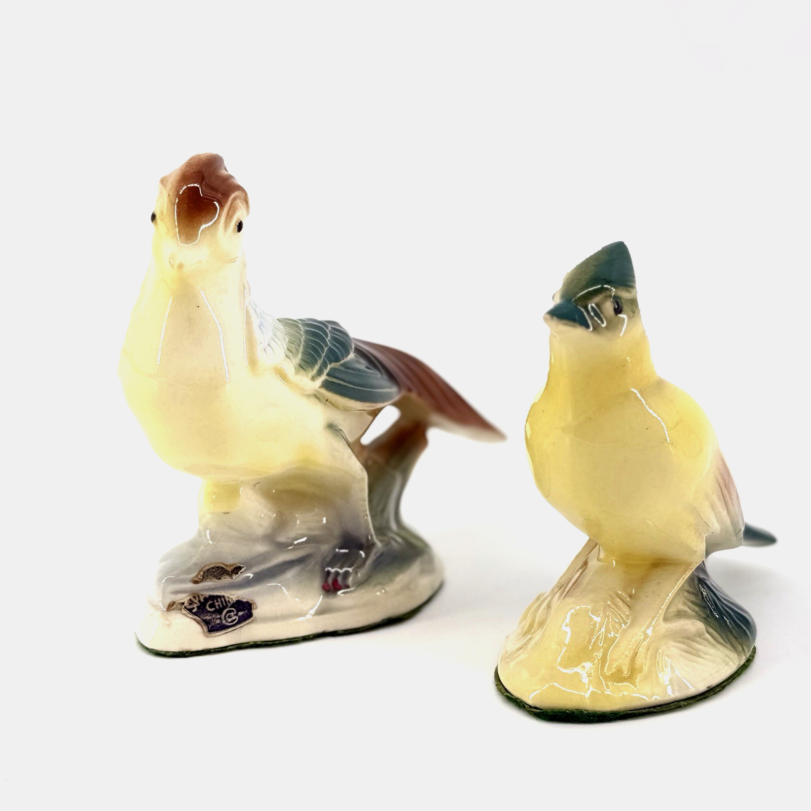Vintage Royal Copley Pheasant Bird Figurine Pair Mid Century Modern Art Pottery