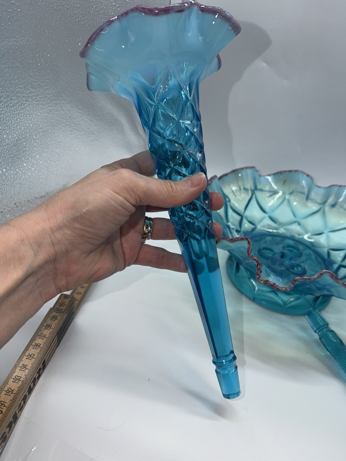 Vintage Epergne Northwood 4 Horn Opalescent Blue Red Frit Stunning READ RARE
