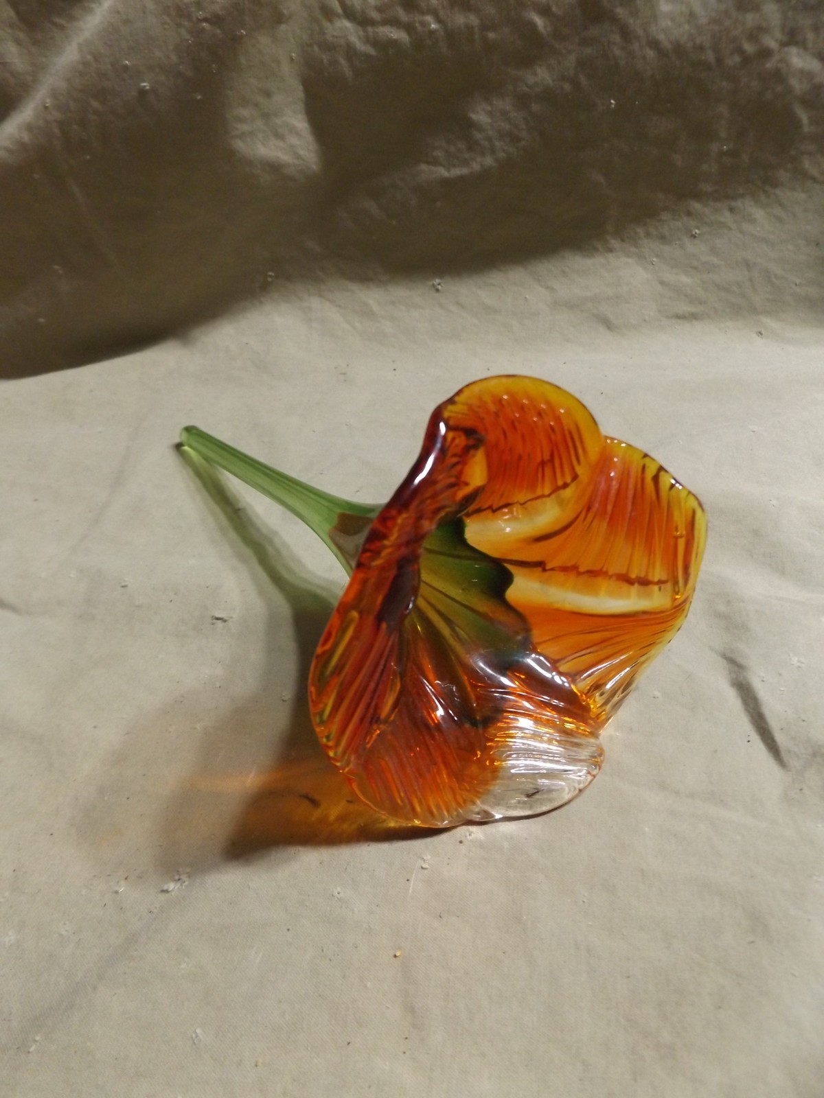 Vintage 1980s? Hand Blown Glass Lily Flower ~3.25×7.25″ Clear Orange Red Green