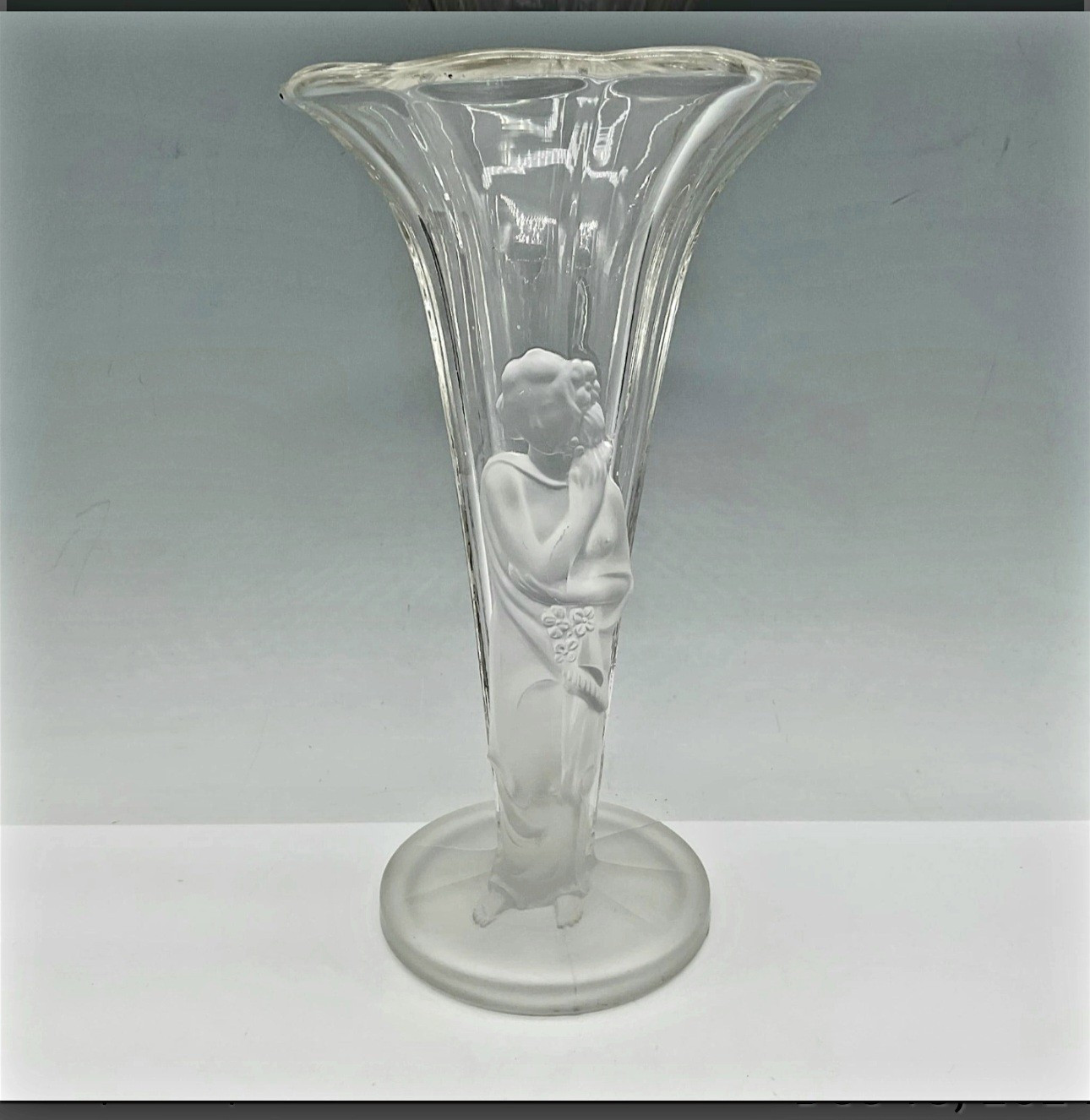 Vintage Stourbridge Art Deco Vase, Raised, Frosted Relief Of Female Nude Figure