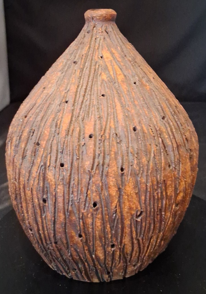 Vintage Terracotta Bulb Vase, Hand-crafted Pottery with Calder Signature.