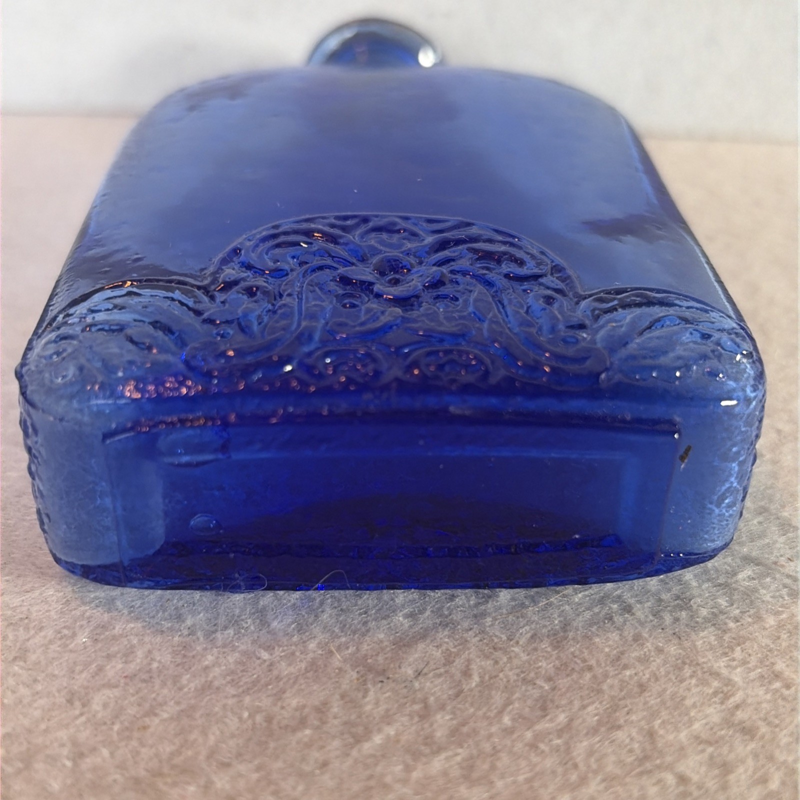 Vintage Cobalt Blue Recycled Embossed Flask Bottle By Vidrios de Levante 4.5” T