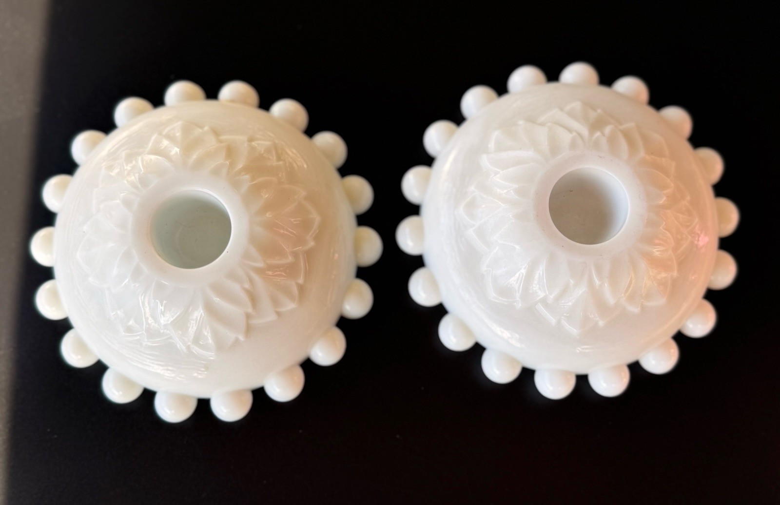 1950’s Imperial Glass Milk White Overlapping Leaves Candlewick Low Candleholders