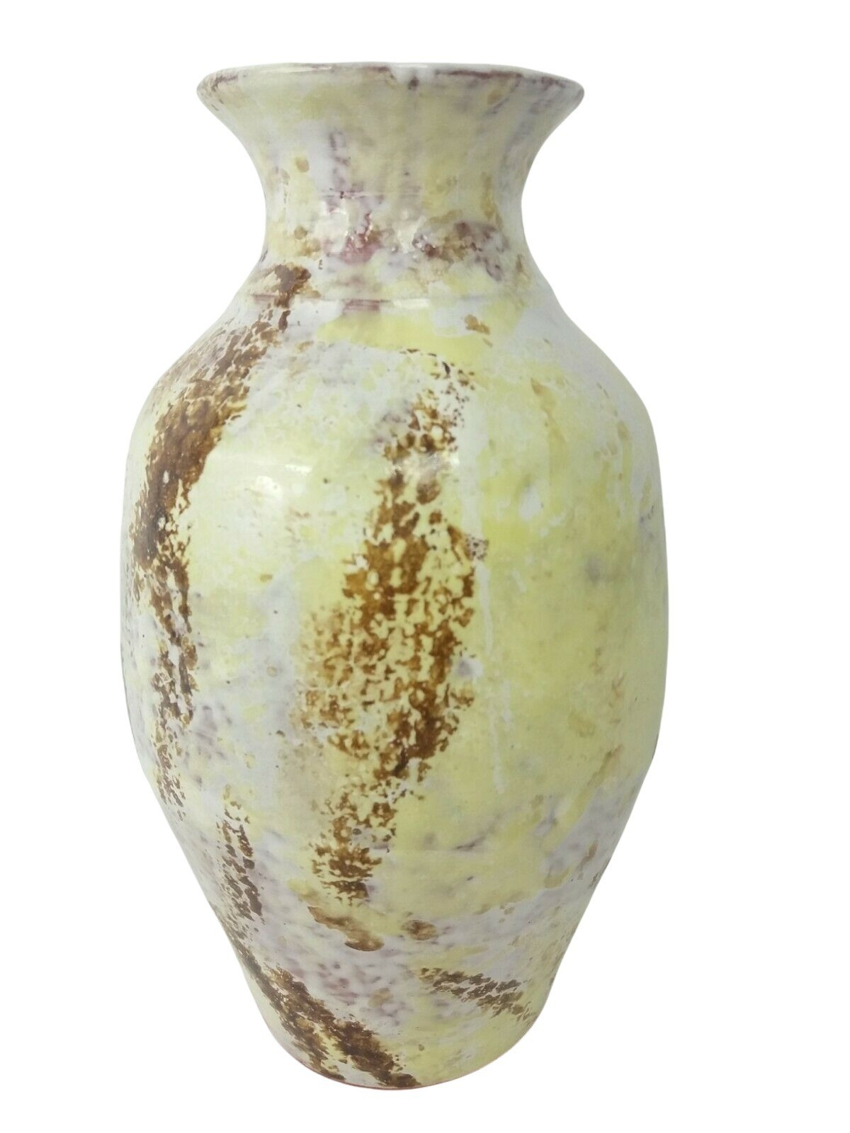 Vintage Bermuda Art Pottery Vase Abstract Design Brown Yellow White 7.5 in