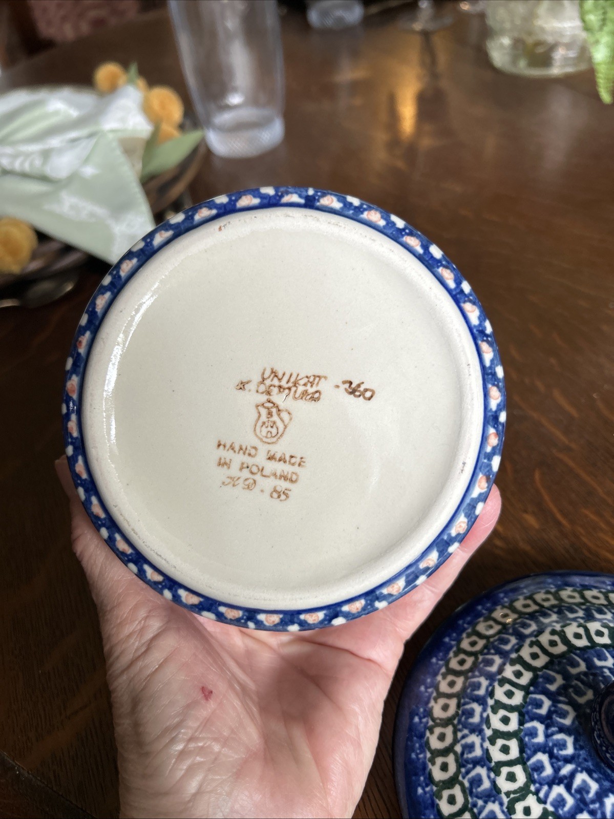 Polish Pottery Round Lidded Trinket Box 4.75” Round Excellent condition