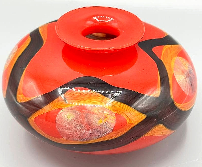 Ioan Nemtoi Signed Hand-Blown Art Glass Vase — Red Amber Swirl, Romanian Studio