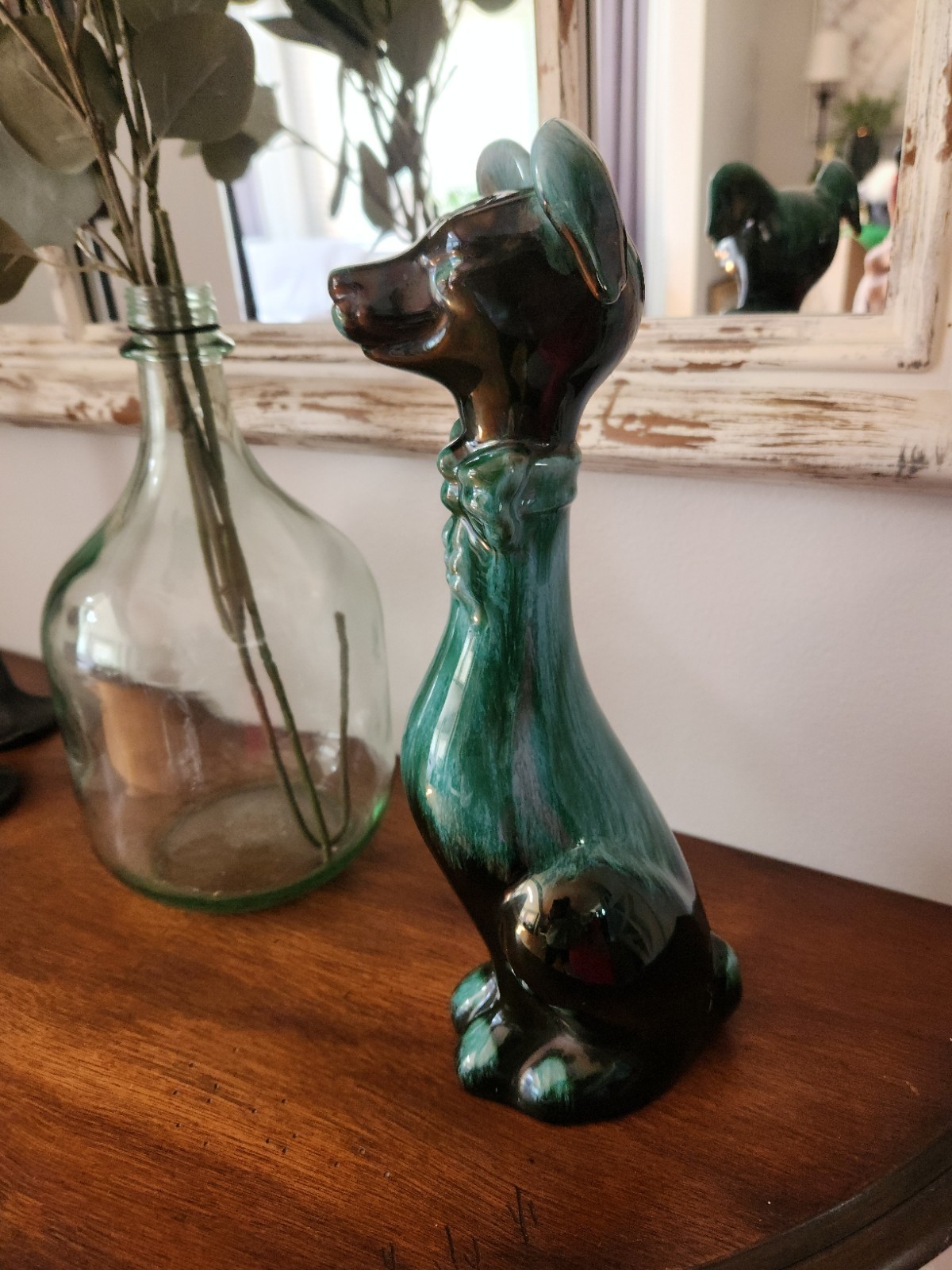 Blue Mountain Pottery Large Floppy Eared Dog Figurine Green Drip 13” Tall
