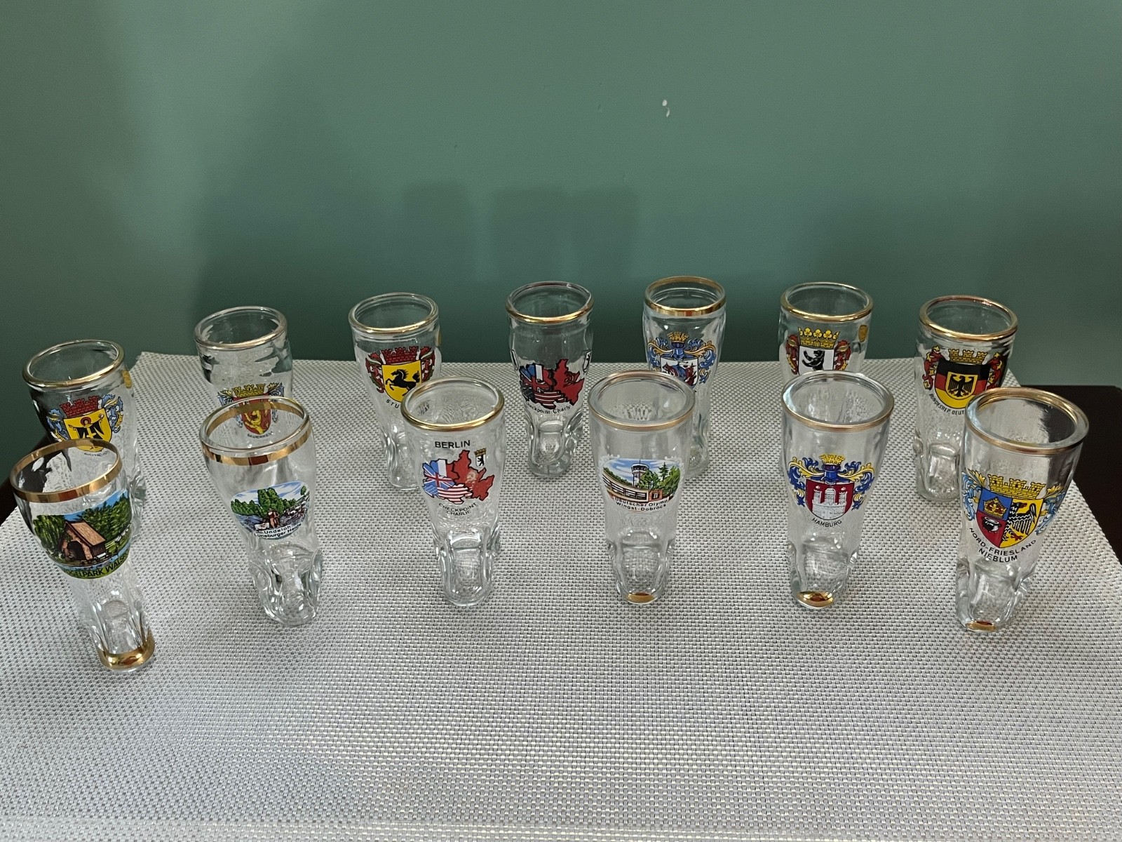 Set of 13 German 3” Boot Shot Glasses from various German Cities- displayed only