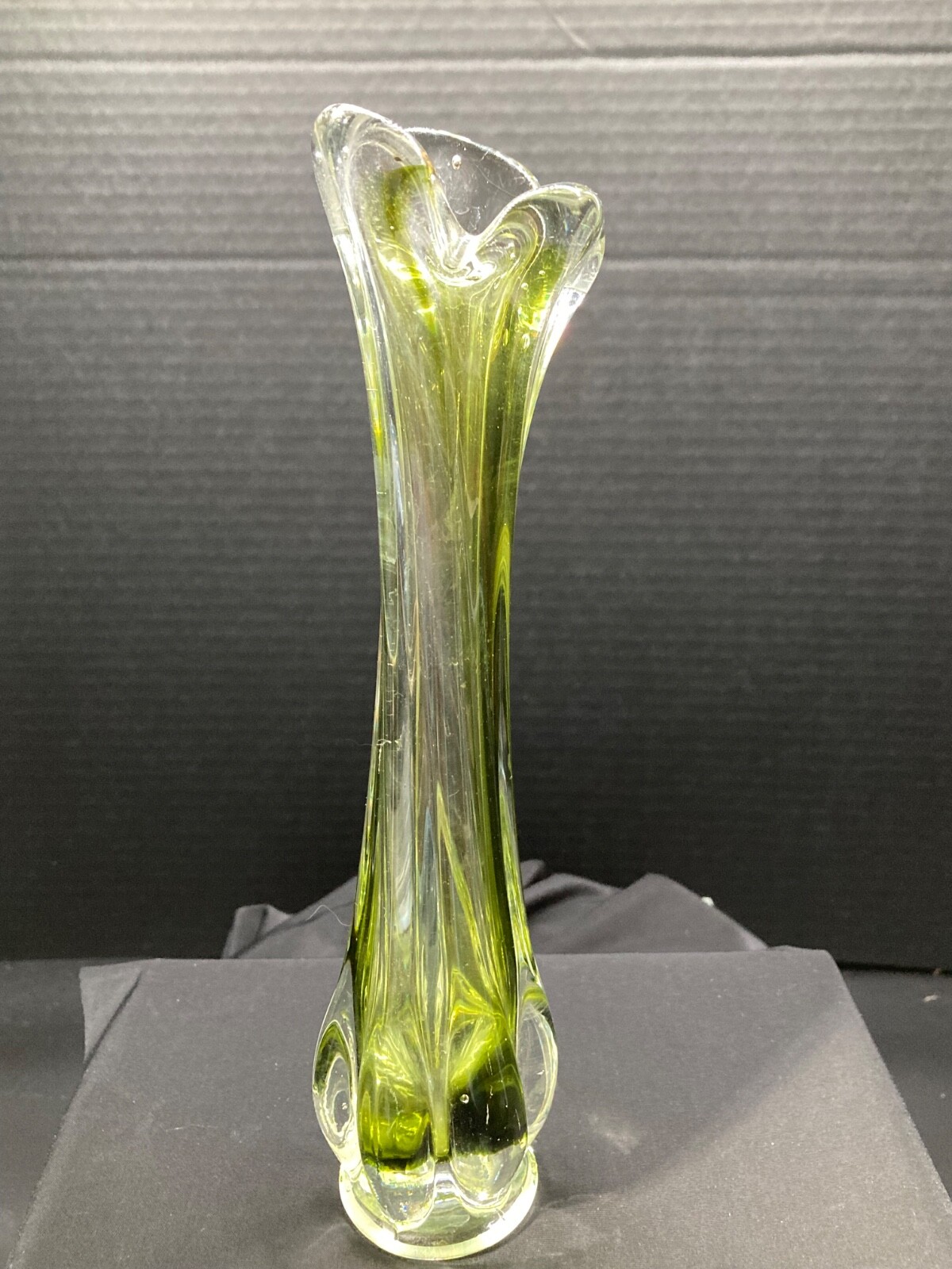 Vintage Green Swung Vase, 6 finger 9 1/2 inches, bottom 1.75 inch no markings