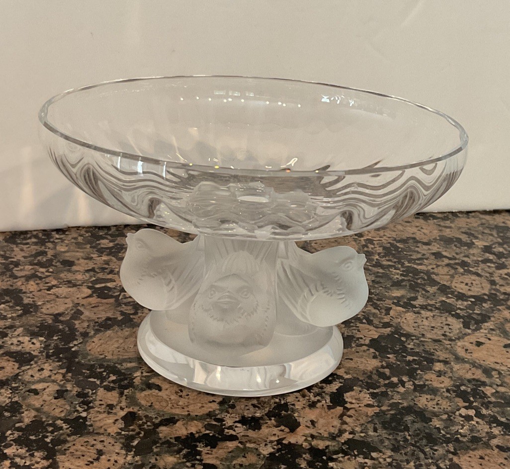 LALIQUE CRYSTAL NOGENT BOWL SPARROWS FRANCE SIGNED CRYSTAL DISH BEAUTIFUL