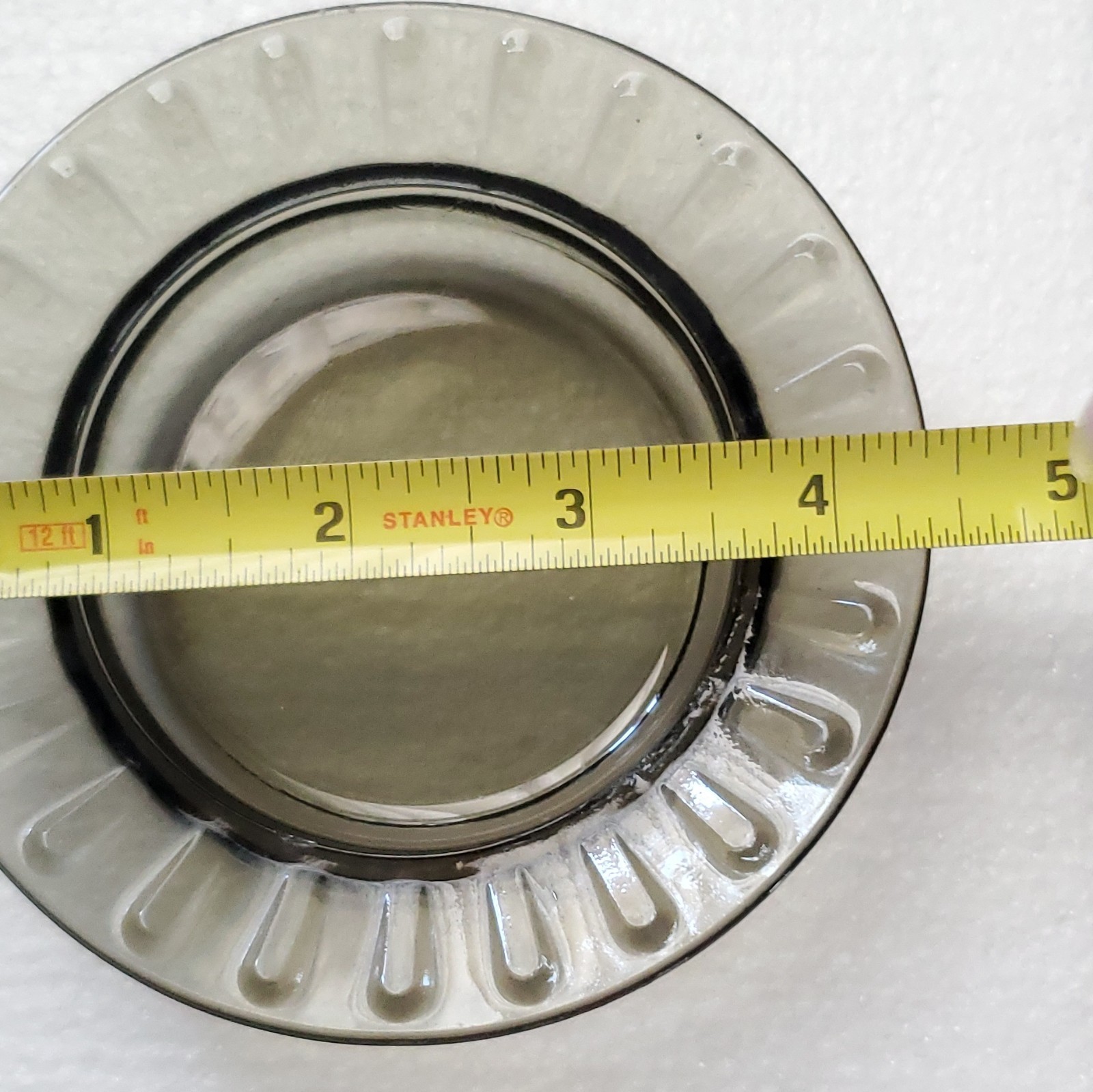 Vintage MCM Smoked Glass Round Ashtray w/ Ribbed Rim, 4.75 in Diameter