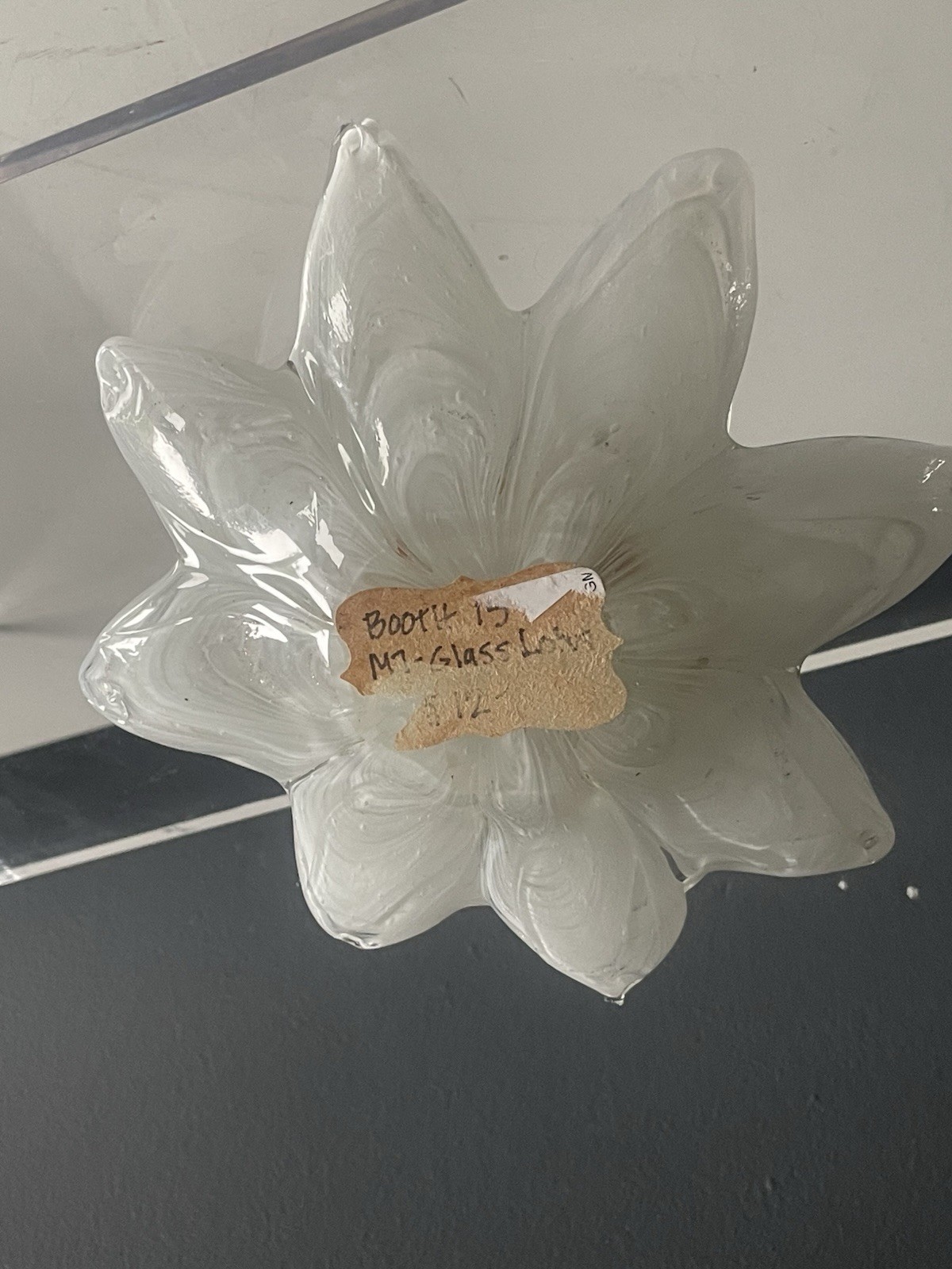 MT Glass Hand Blown White Clear Art Glass Lotus Flower Candle Holder Bowl 6.5”