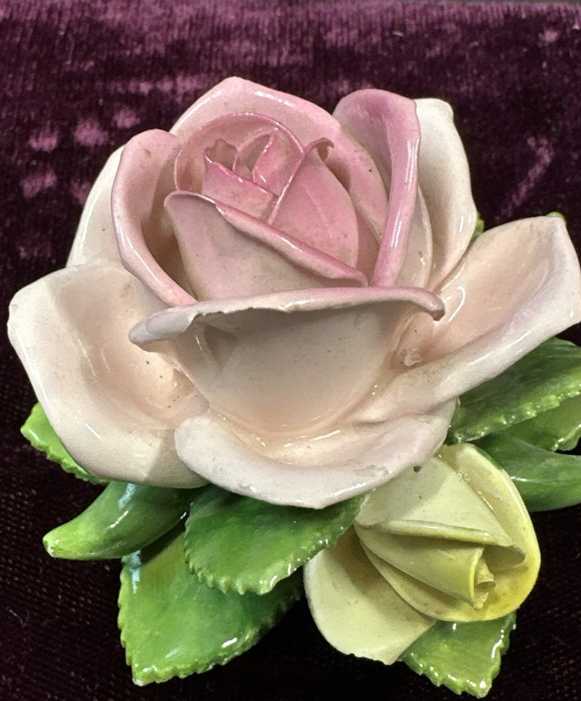 Vintage Handarbeit KSK Porcelain Pink Rose/Yellow Rose Bud/Green Leaves