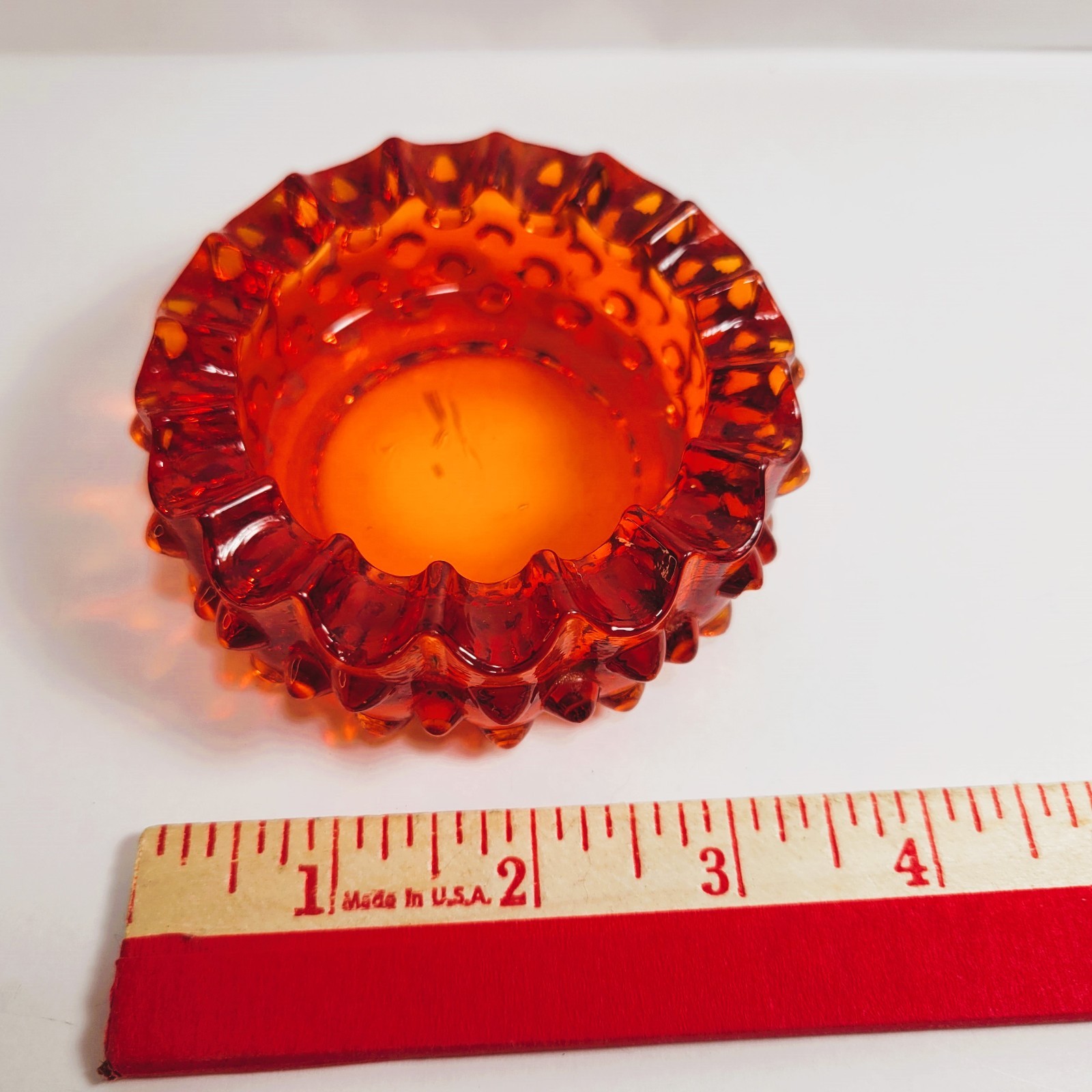 Vintage Retro Mid Century Fenton Hobnail Bright Orange Glass Ashtray 3 3/4″