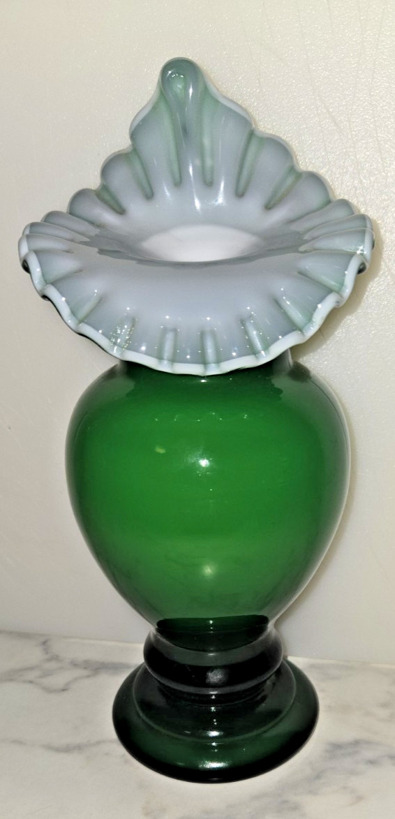 VTG Fenton Ivy Overlay Jack In Pulpit Vase Emerald Green 12″ CASE glass