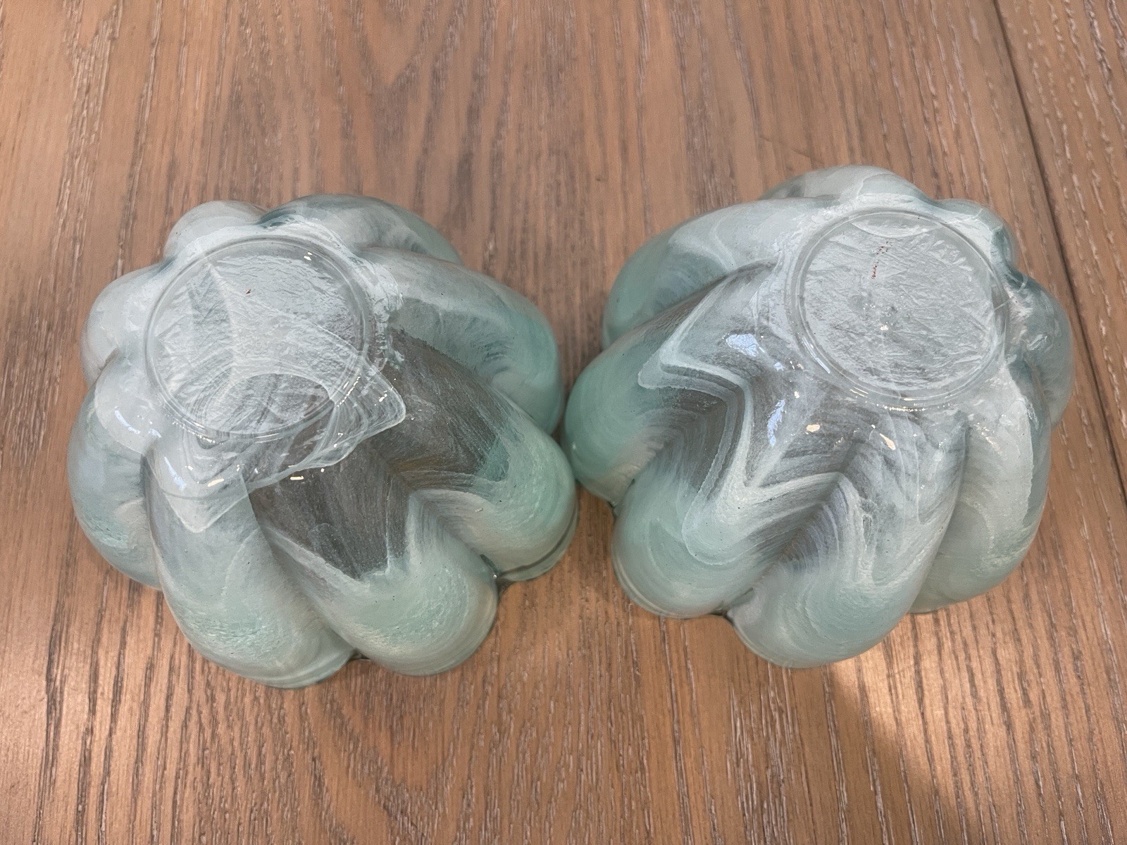 Set Of 2 Ecoglass Recycled Art Glass Bowl Votive Teal White Flower Shape