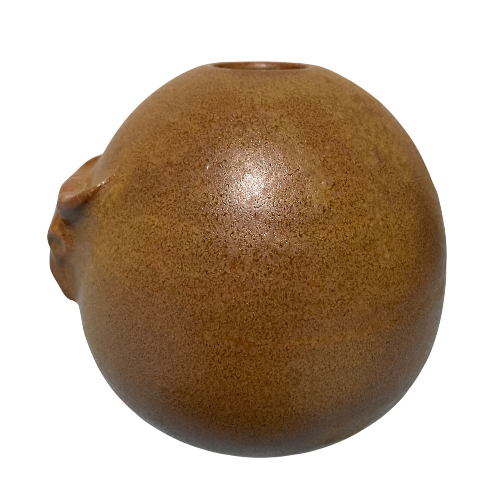 Pottery Brown Round Bud Vase With Embossed Bull Cow Steer Skull