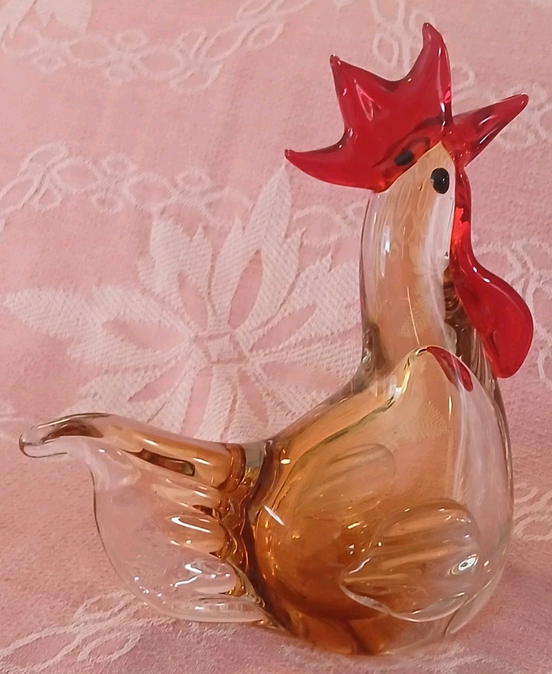 Murano Style Hand Blown Glass 8″ Rooster Figure Clear, Gold & Red Colors New