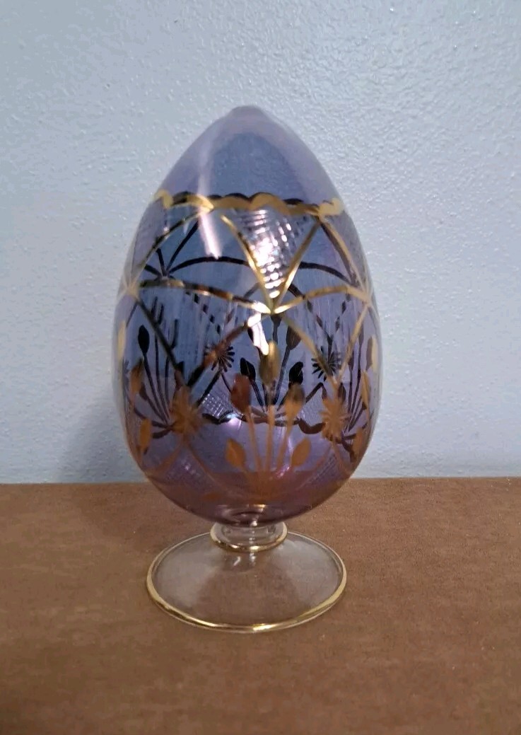Egypt Gold Etched Art Glass Blown Egg 7 Inch