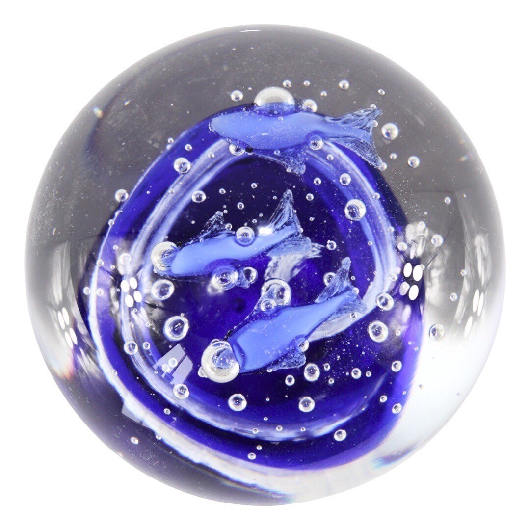 Vintage Hand Blown Glass Art Blue Ocean Clear Swirl Bubbles Fish Paperweight 3″