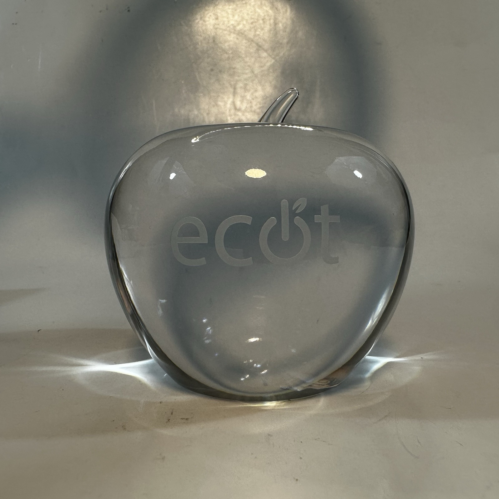 Tiffany and Co Glass Apple Paperweight Engraved ECOT Clear Glass Fruit Signed