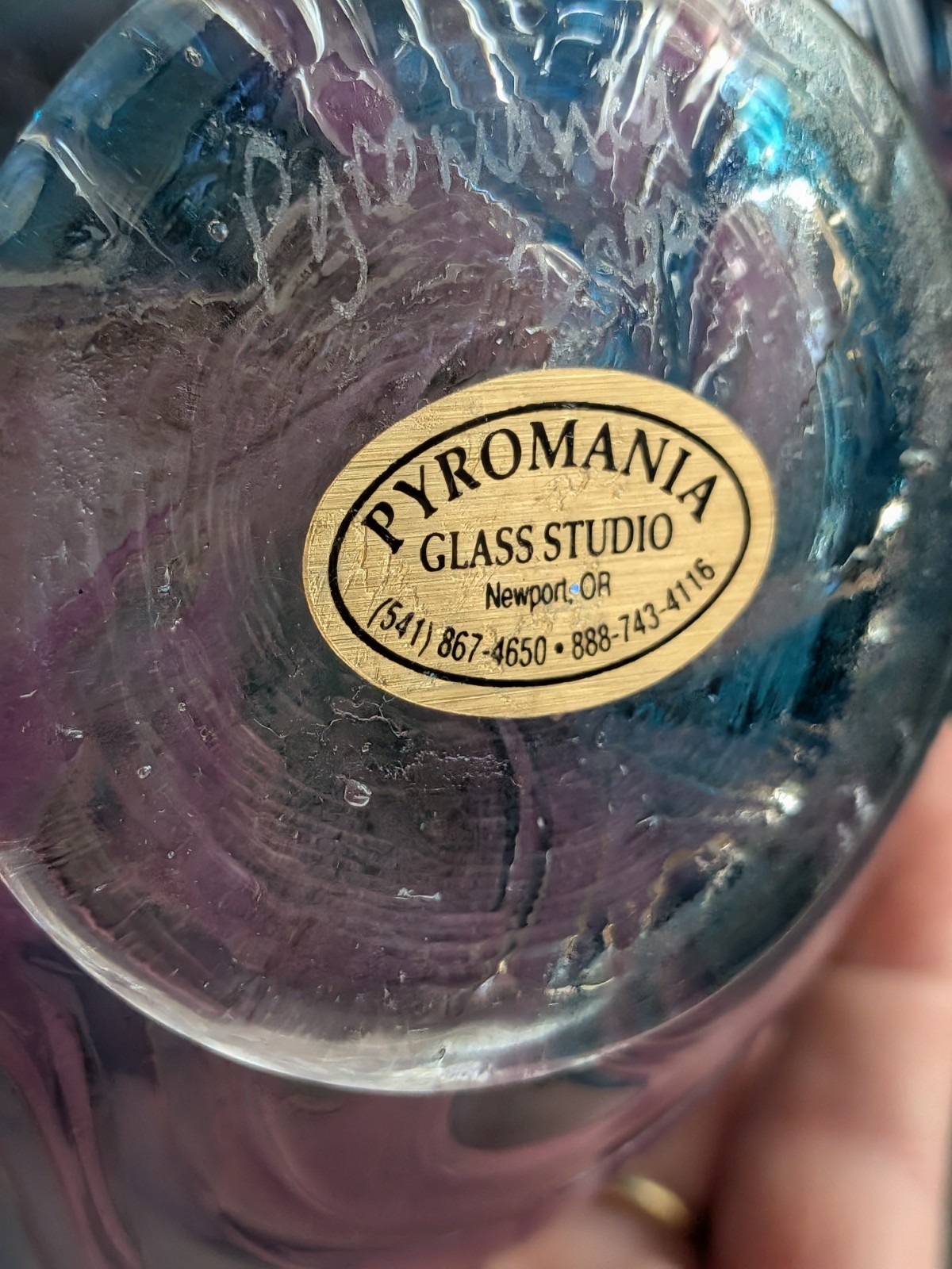 Pyromania Oregon Float Large Purple Art Glass Ball Orb Sphere Blue Swirl Signed