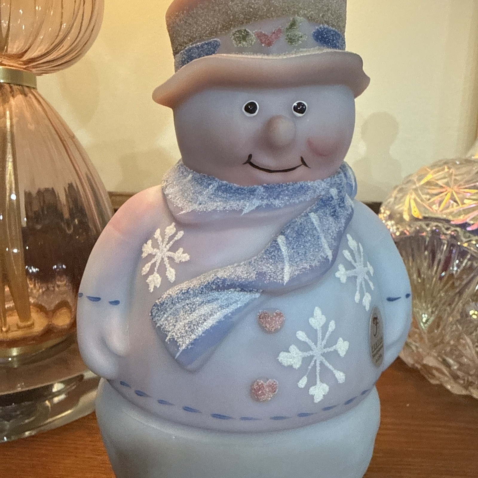Fenton Art Glass Blue Burmese Snowman Fairy Lamp Signed With Sticker RARE