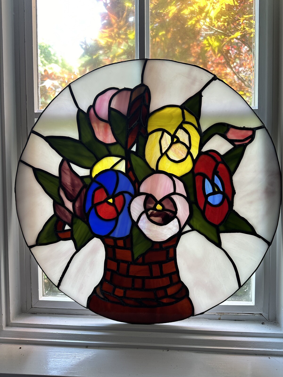 Beautiful Large Colorful Floral Stained Glass Round Panel