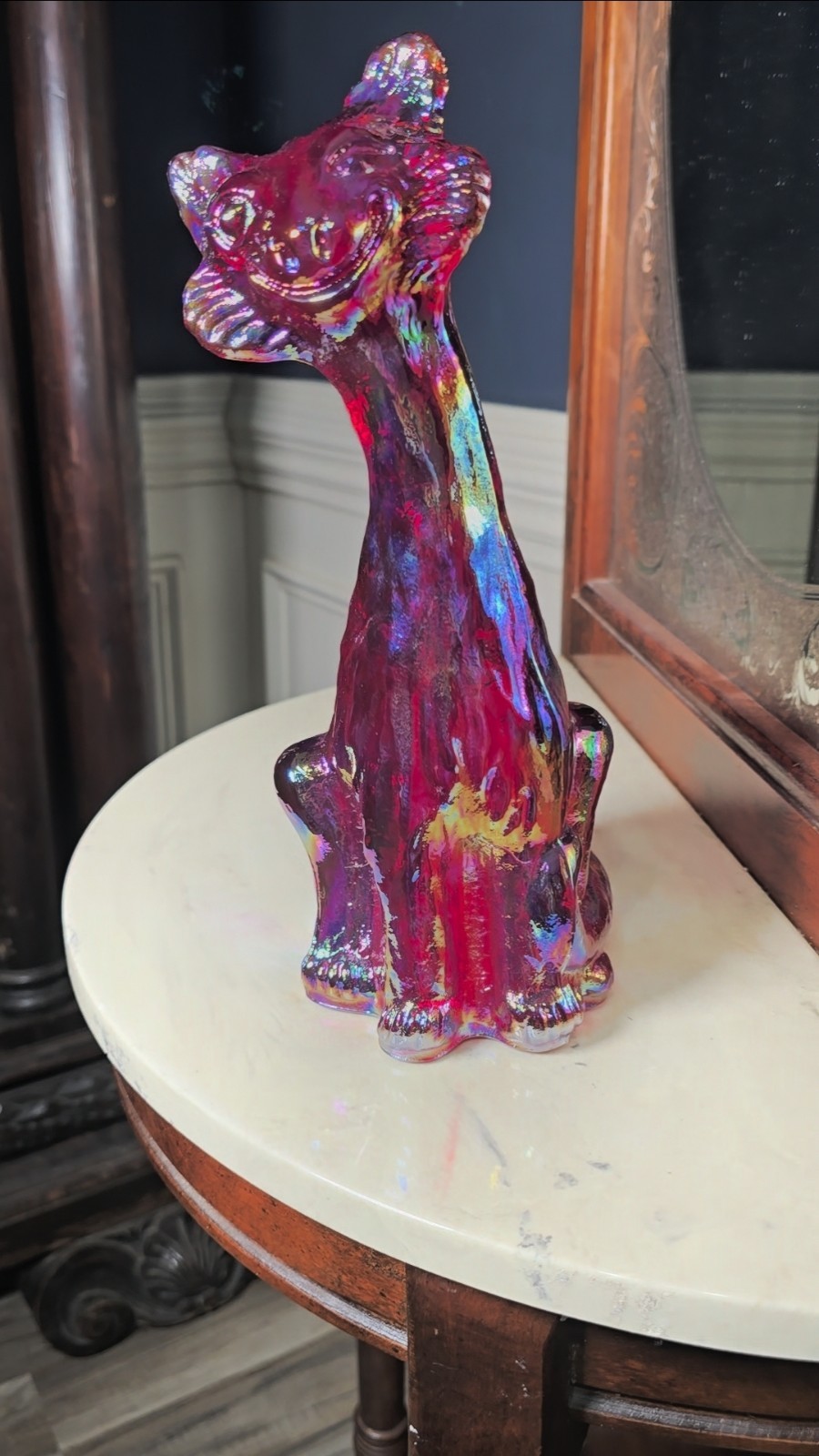 VNTG Fenton Iridized Red Carnival Glass Alley Cat Large 11″ HEAVY Iridescence