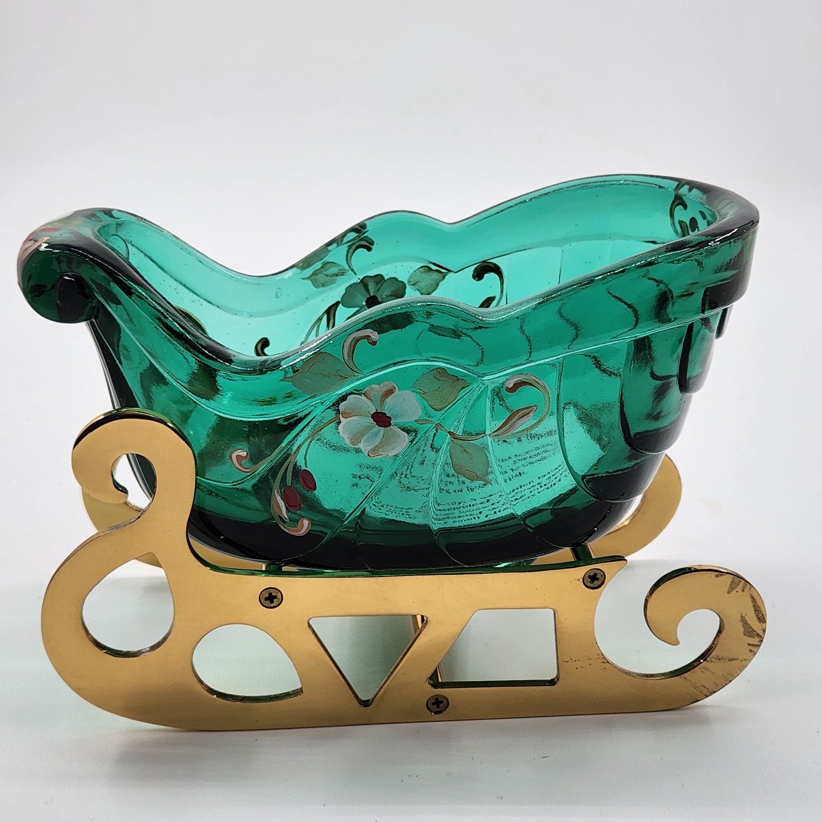 Fenton Green Glass Sleigh Candy Dish with Brass Runner Base Signed Vintage