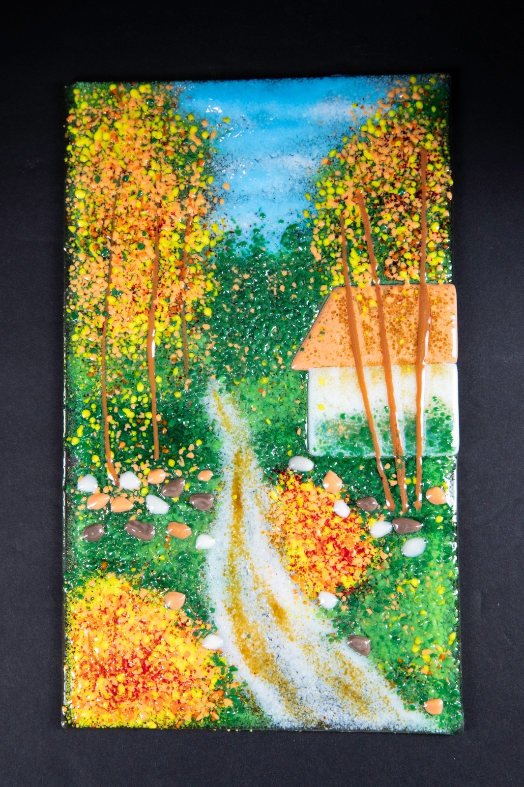 Unique Fused Glass Art Tile – Country Home Colorful Panel – 6″x 9 7/8″