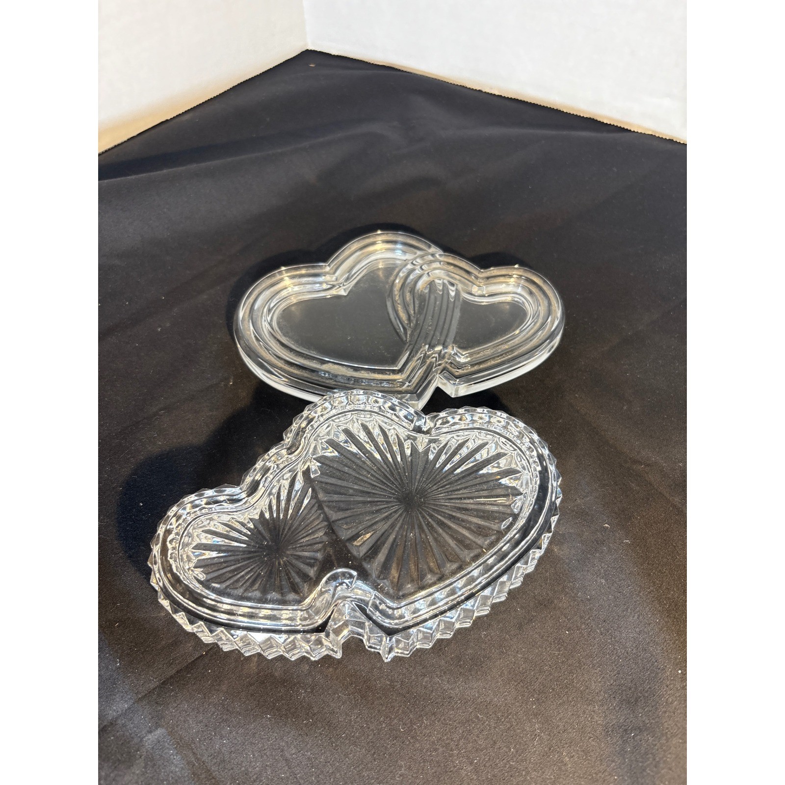 Crystal Double Heart Trinket Dish with Lid Ring Holder Jewelry Box