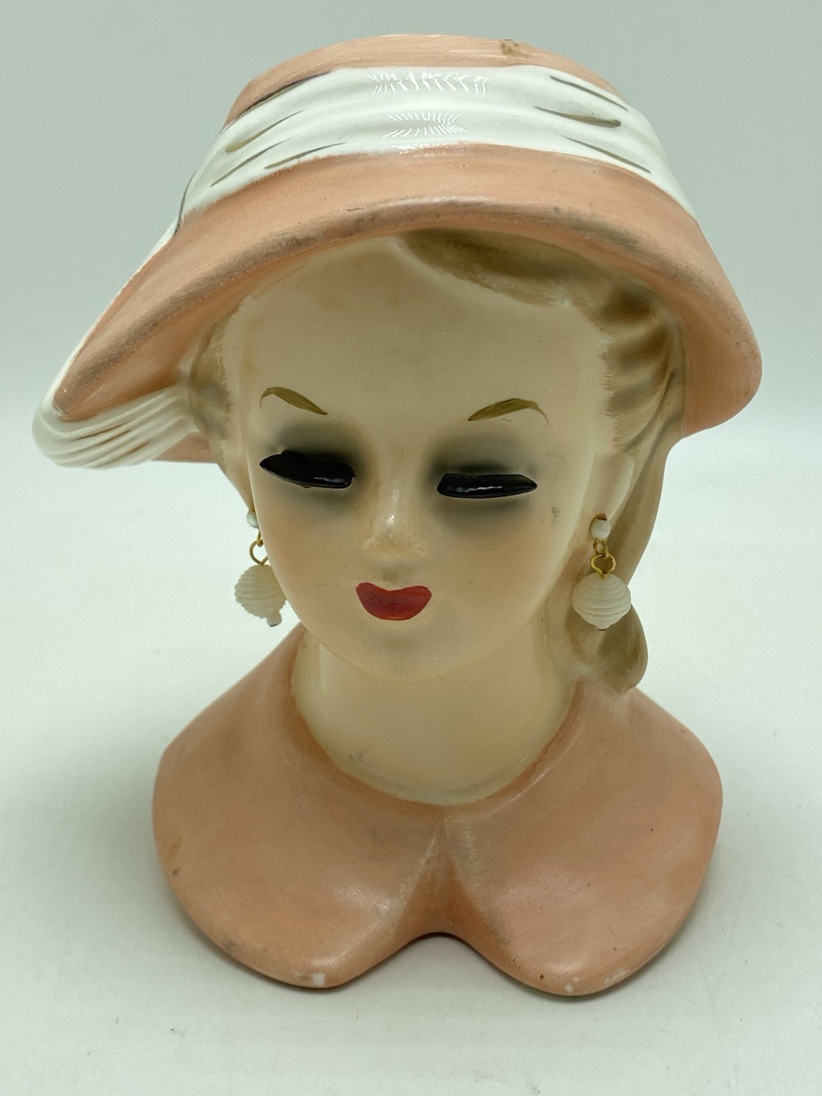 Vintage 1960 Napco Pink Lady Head Vase W Pearl Earrings
