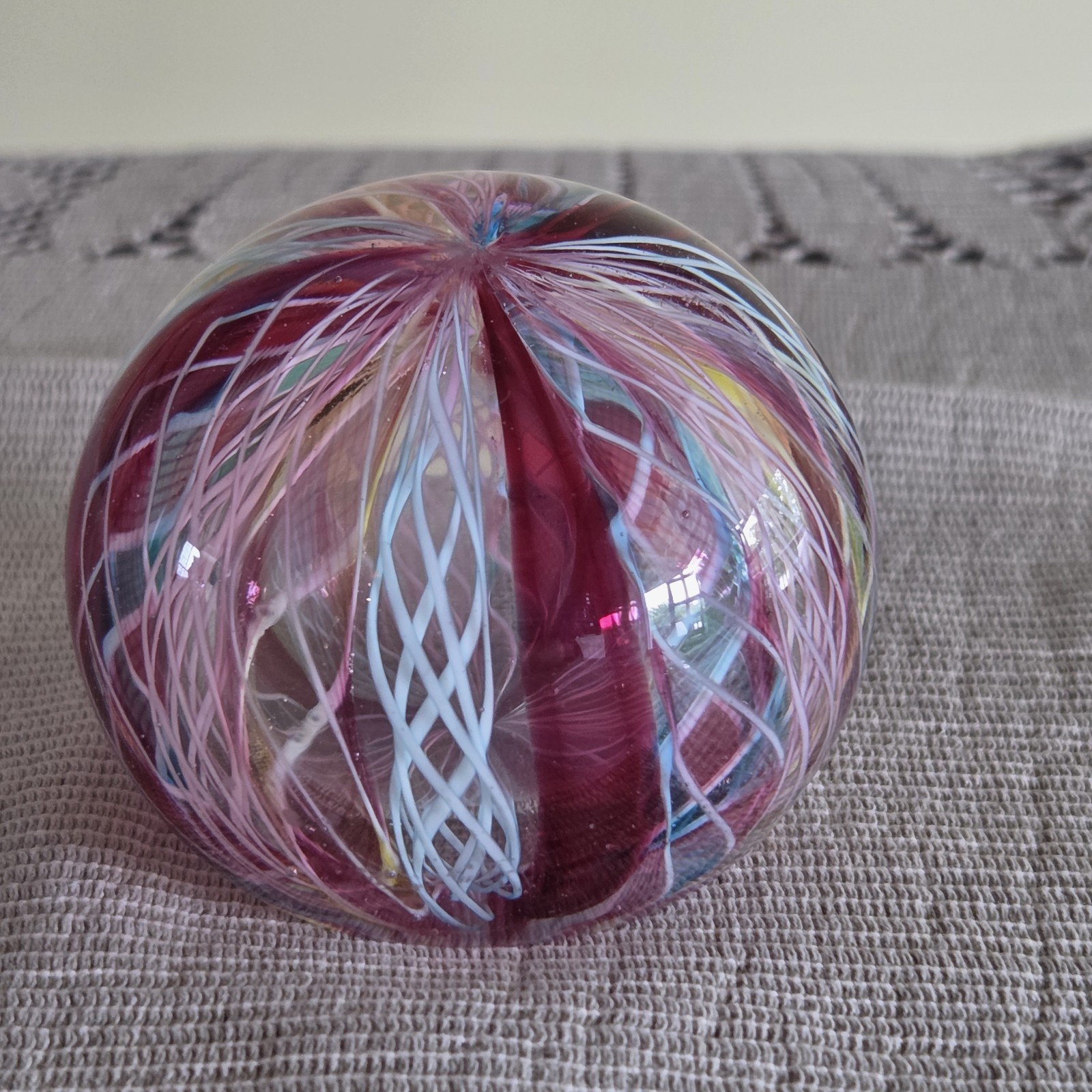 Vintage Latticinio Ribbons Murano Hand Blown Art Glass Paperweight 2.25″