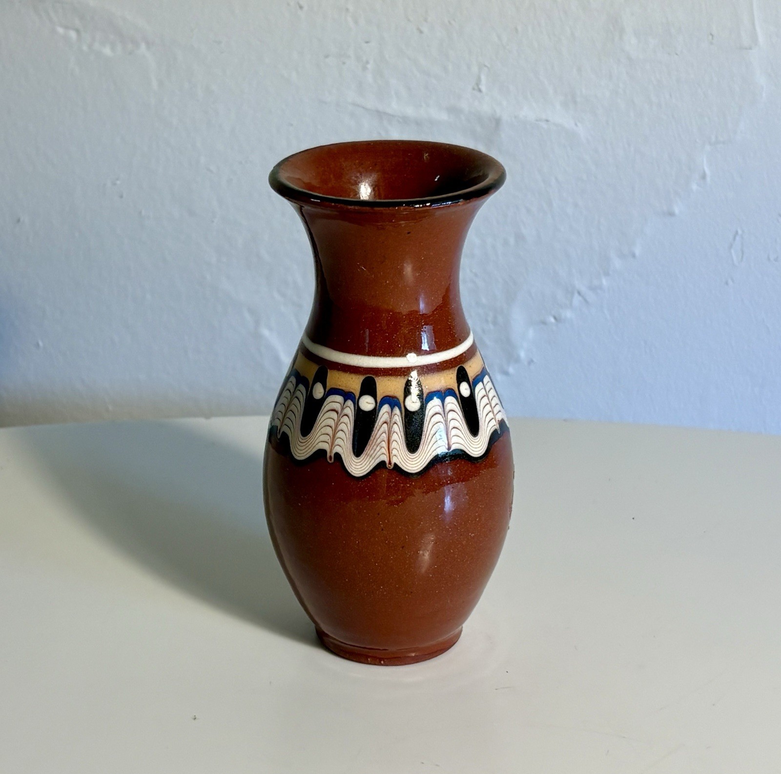 Vintage Bulgarian Troyan Redware Bud Vase Psychedelic Glaze Folk Art Pottery