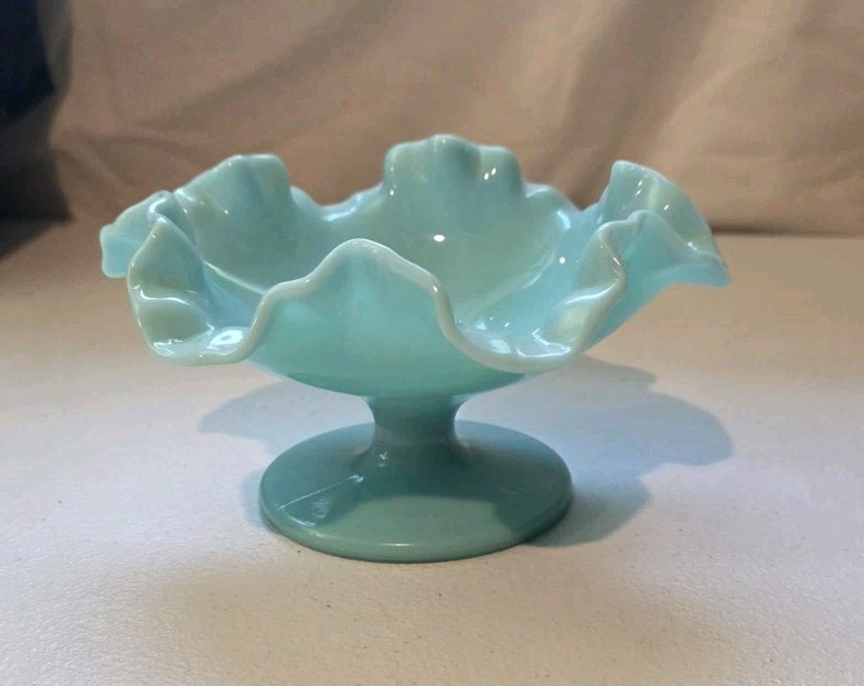 Fenton Compote Candy Dish Green Pastel Milk Glass Six Point Ruffled Edge