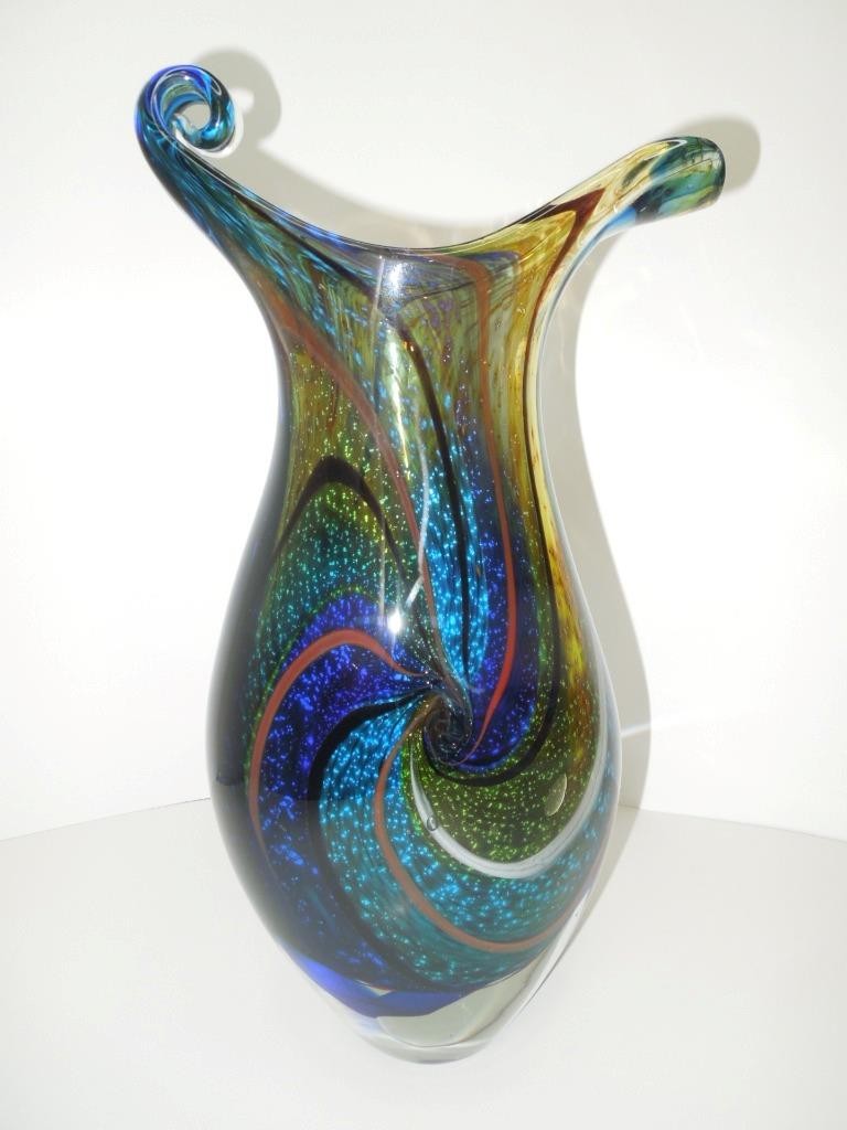 GORGEOUS Multicolored Murano Italian Glass Art Glassware Vase 15.75″x6.5″x5″