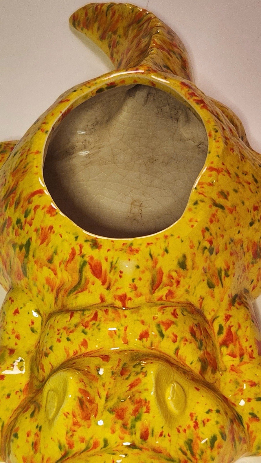 Cute Vintage Alligator Pottery Planter yellow speckled orange and green