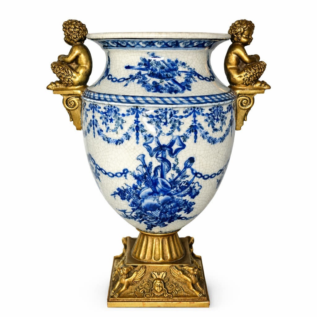 Luxury UW 1897 Crackle Porcelain Urn Vase Bronze Ormolu Putti Handles 13.75″