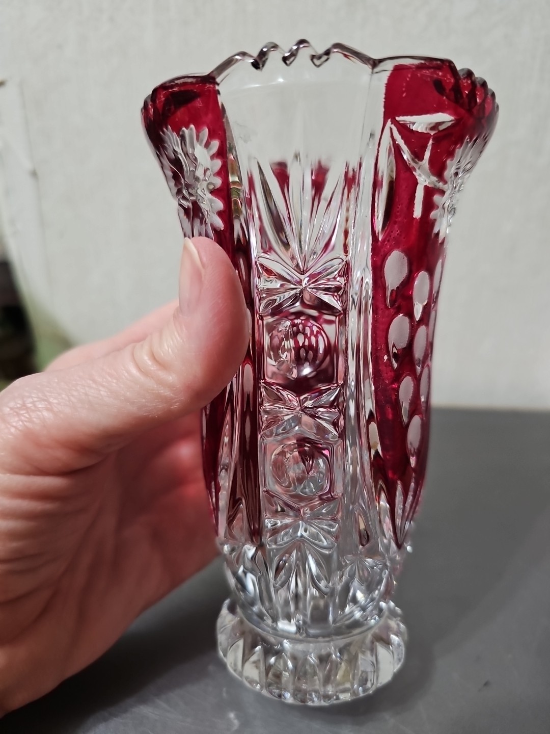 Vintage German Ruby Red Lead Crystal Anna Hutte Bleikristall 6″ Vase….