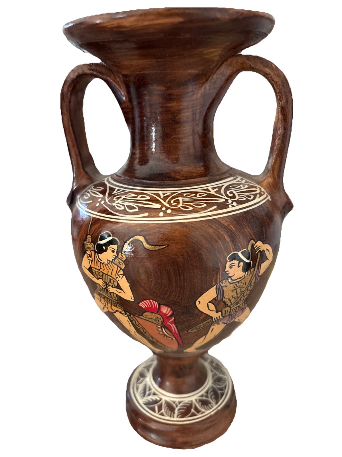 Vintage Mid-Century Greek Art Pottery 9.5” Vase Set Amphora Shaped Wood Glazed