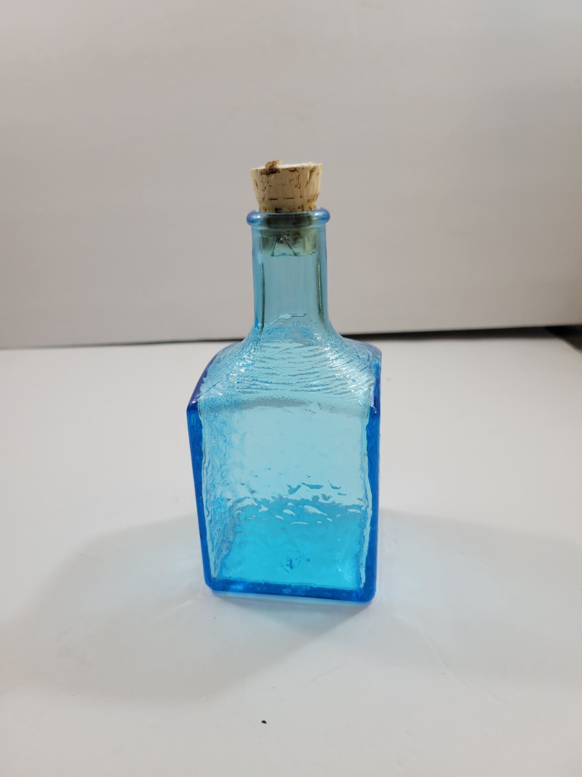 Decorative Turquoise Blue Textured Glass Square Bottle w/Cork Stopper 6″