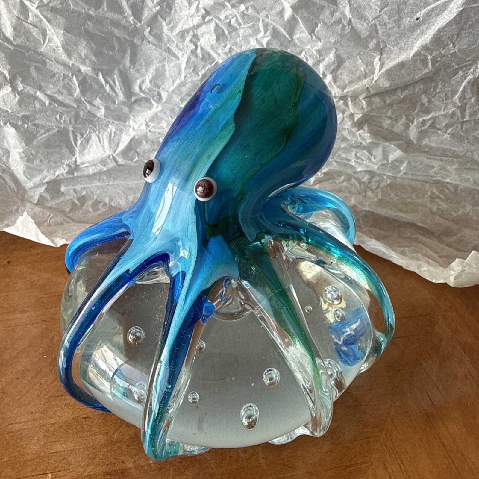 Beautiful Aqua/Teal/Cobalt Hand Blown Art Glass Octopus Paperweight 4.25″ TALL