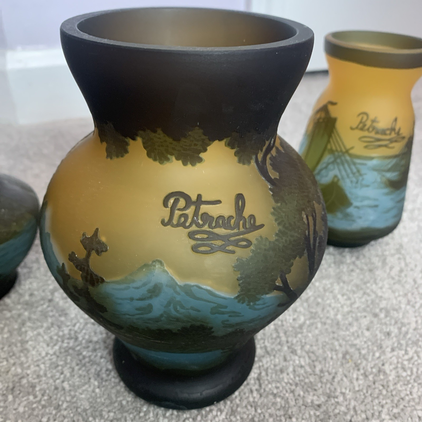 Vintage Petrache Handmade Cameo Art Glass Vase set 7″ Romania Art Nouveau Etched
