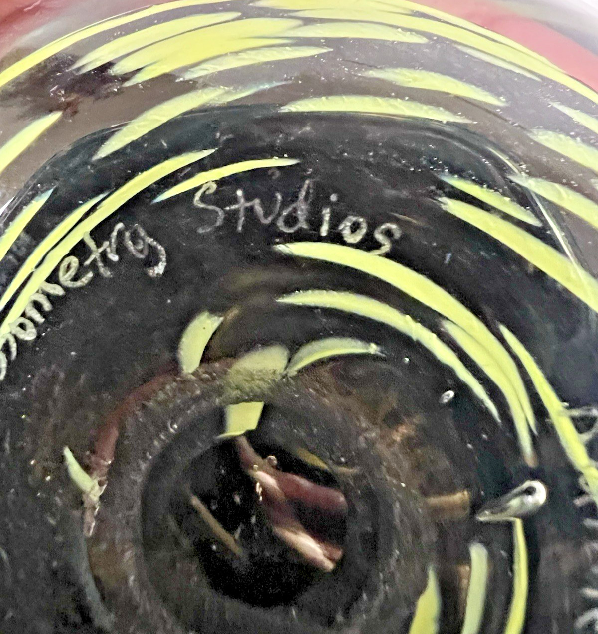 Handblown Art Glass Paperweight Yellow Green Swirl Glassometry Studios 3 1/4″