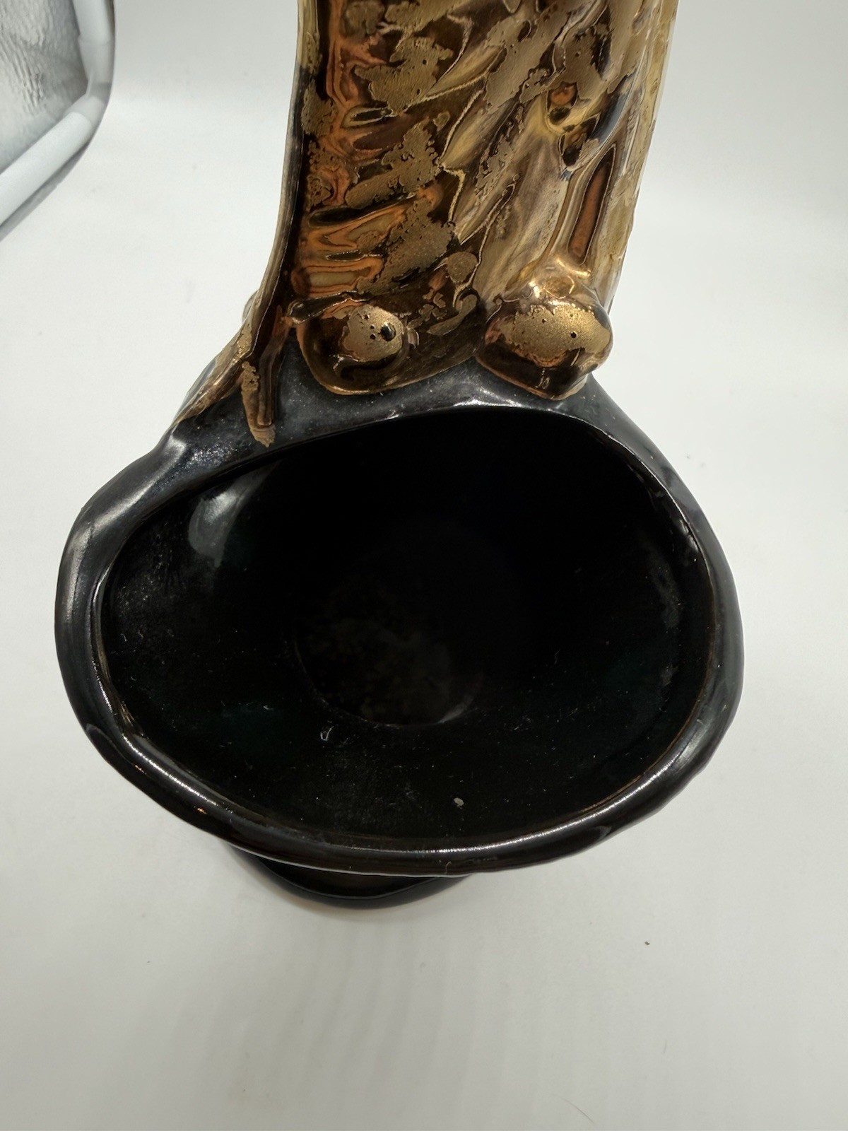 Beautiful Vintage 24K Gold With Black USA Peacock Planter Vase 13” x 5” 1920s